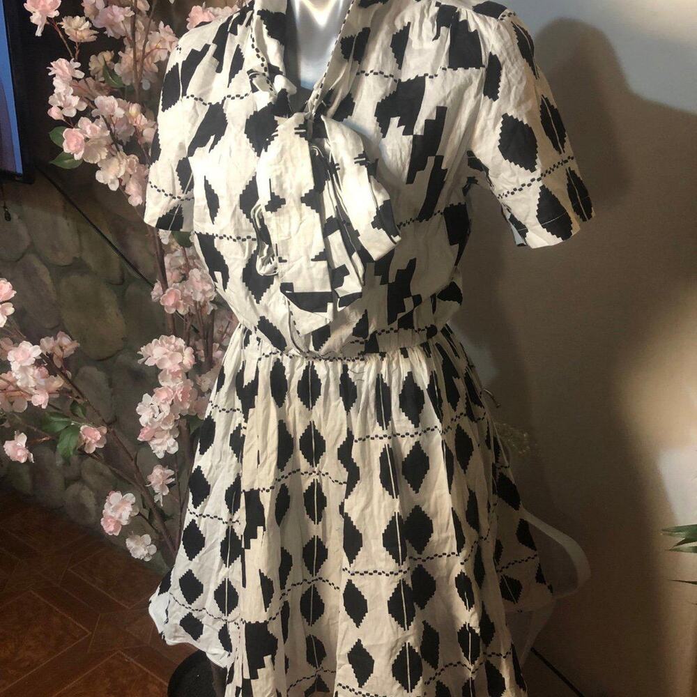 Dress designer boho checked short sleeve bow collar